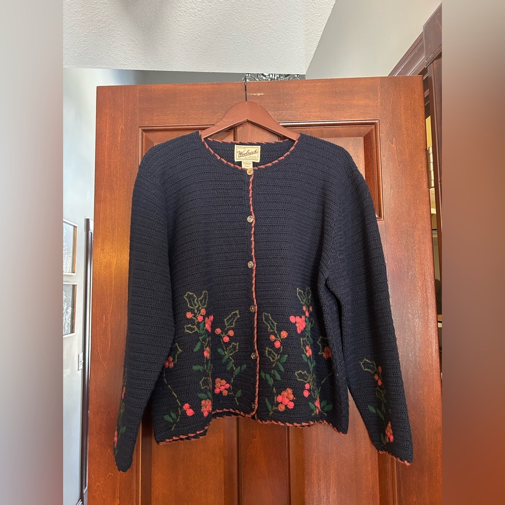 Woolrich Embroidered Wool Cardigan Navy Floral Button Front Sweater